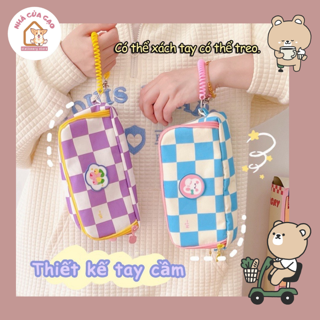Túi bút vải  họa tiết caro kích kèm móc khóa treo màu sắc trẻ trung