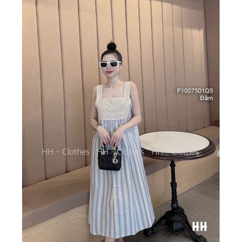 Đầm kẻ sọc sát nách kiểu phối ren cổ vuông dáng suông ngực!