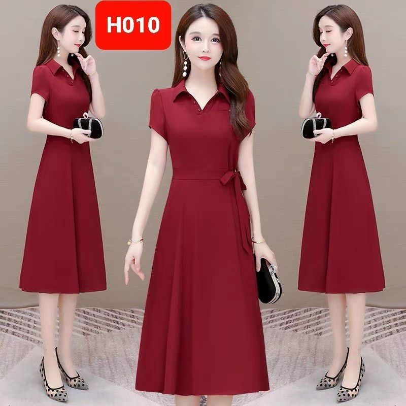 Đầm cổ bẻ tay ngắn thắt eo