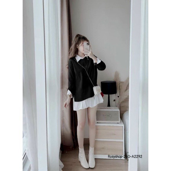 Đầm Sơ Mi Nữ Màu Trắng Phối Kèm Áo Len Gân