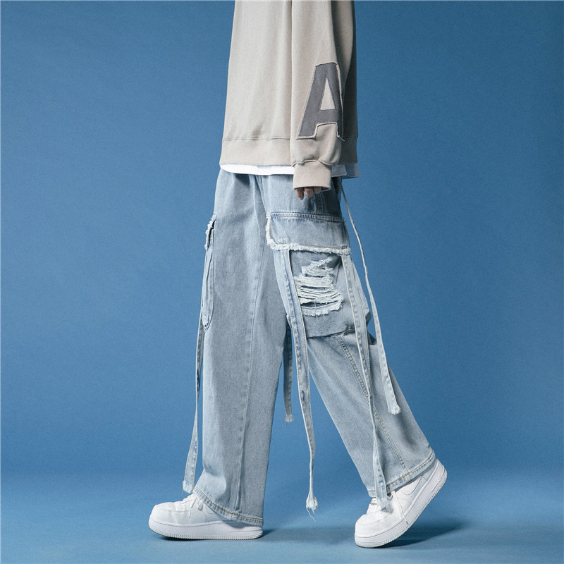 Quần jeans nam nữ unisex ống rộng suông phối dây túi quần baggy jean nam nữ unisex ống rộng phong cách hiphop 914