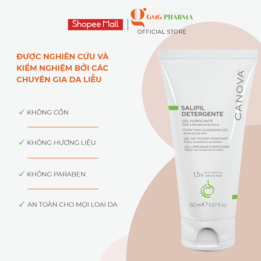 Gel rửa mặt ngừa mụn, thanh lọc da Canova Salipil Detergente - Purifying Cleansing Gel 150ml