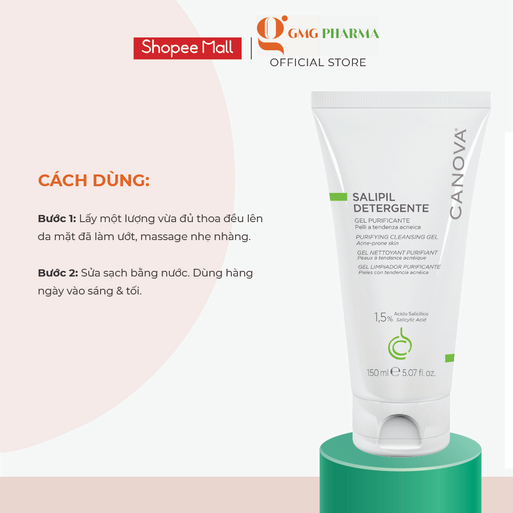 Gel rửa mặt ngừa mụn, thanh lọc da Canova Salipil Detergente - Purifying Cleansing Gel 150ml