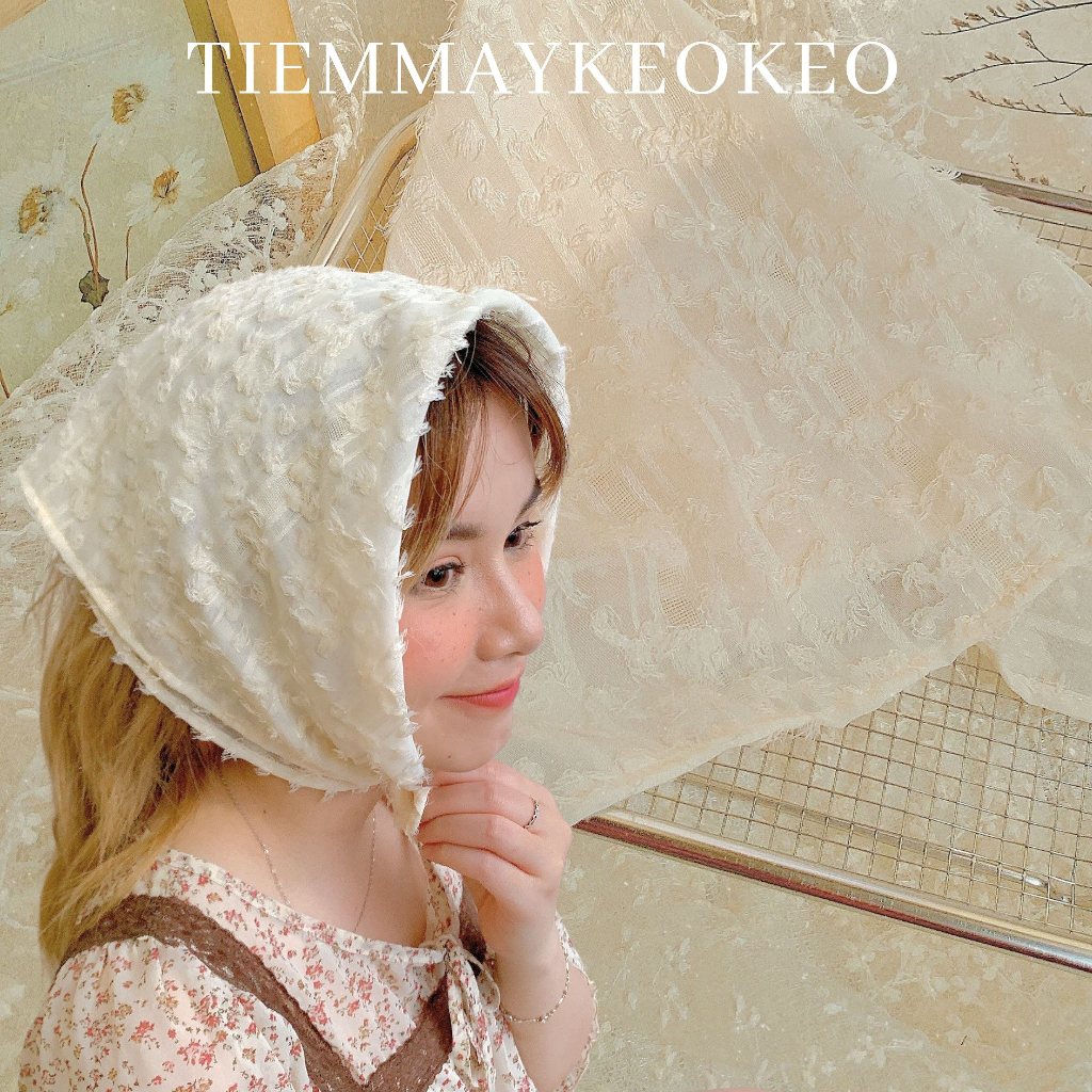 Khăn vải bandana turban tone màu trắng đen vải ren TIEMMAYKEOKEO hoạ tiết hoa cúc mùa hè cho nữ kích thước 50x50 cm