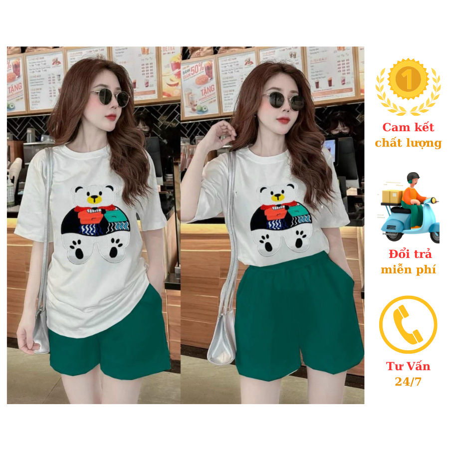 Bộ đồ short thể thao thun cotton 100% thêu Gấu QC trắng trẻ trung cá tính