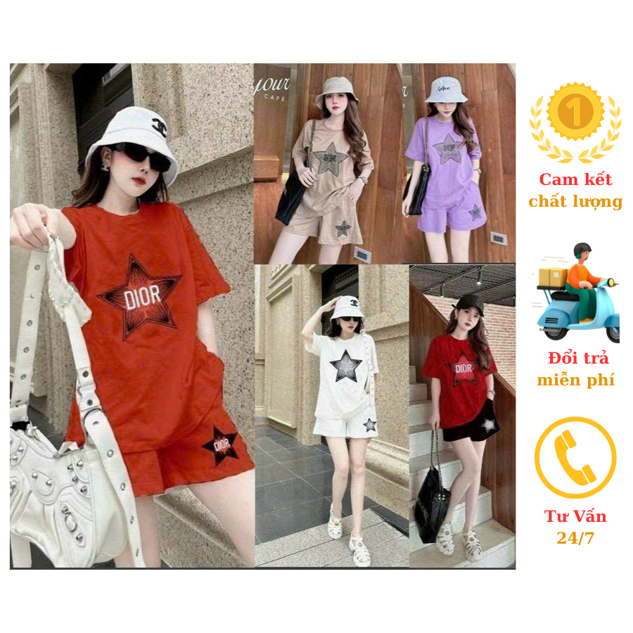 Bộ short thun cotton mùa hè cao cấp thêu ngôi sao nổi Dio,r trẻ trung cá tính kèm ảnh thật