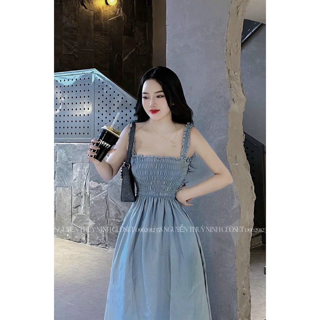 Váy Đầm Nữ 2 dây Bèo Cúp Ngực Chất Jean Cao Cấp Cực Xinh Xắn_Đầm Jean Nhún Ngực Dáng Dài Nữ Tính 2 màu