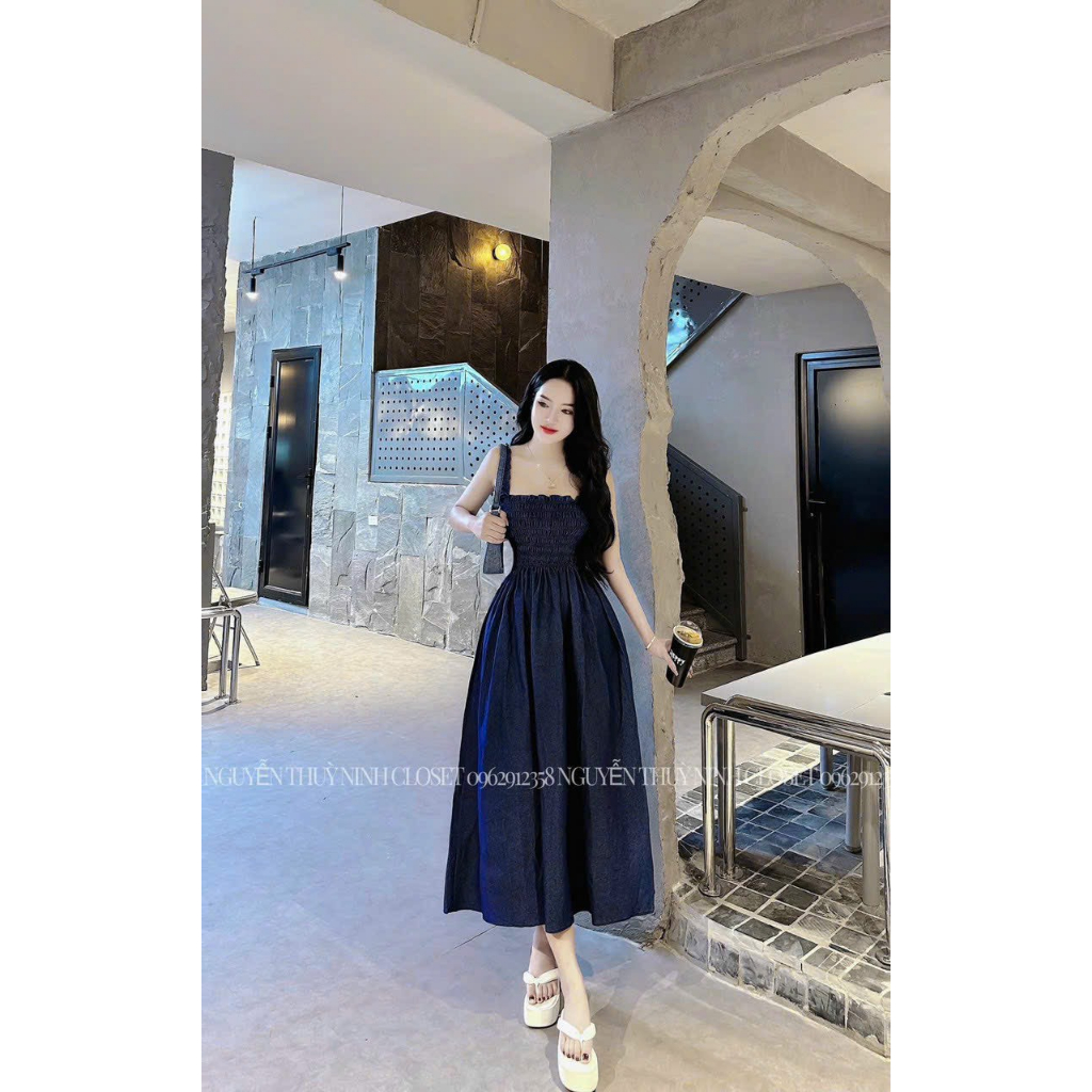Váy Đầm Nữ 2 dây Bèo Cúp Ngực Chất Jean Cao Cấp Cực Xinh Xắn_Đầm Jean Nhún Ngực Dáng Dài Nữ Tính 2 màu