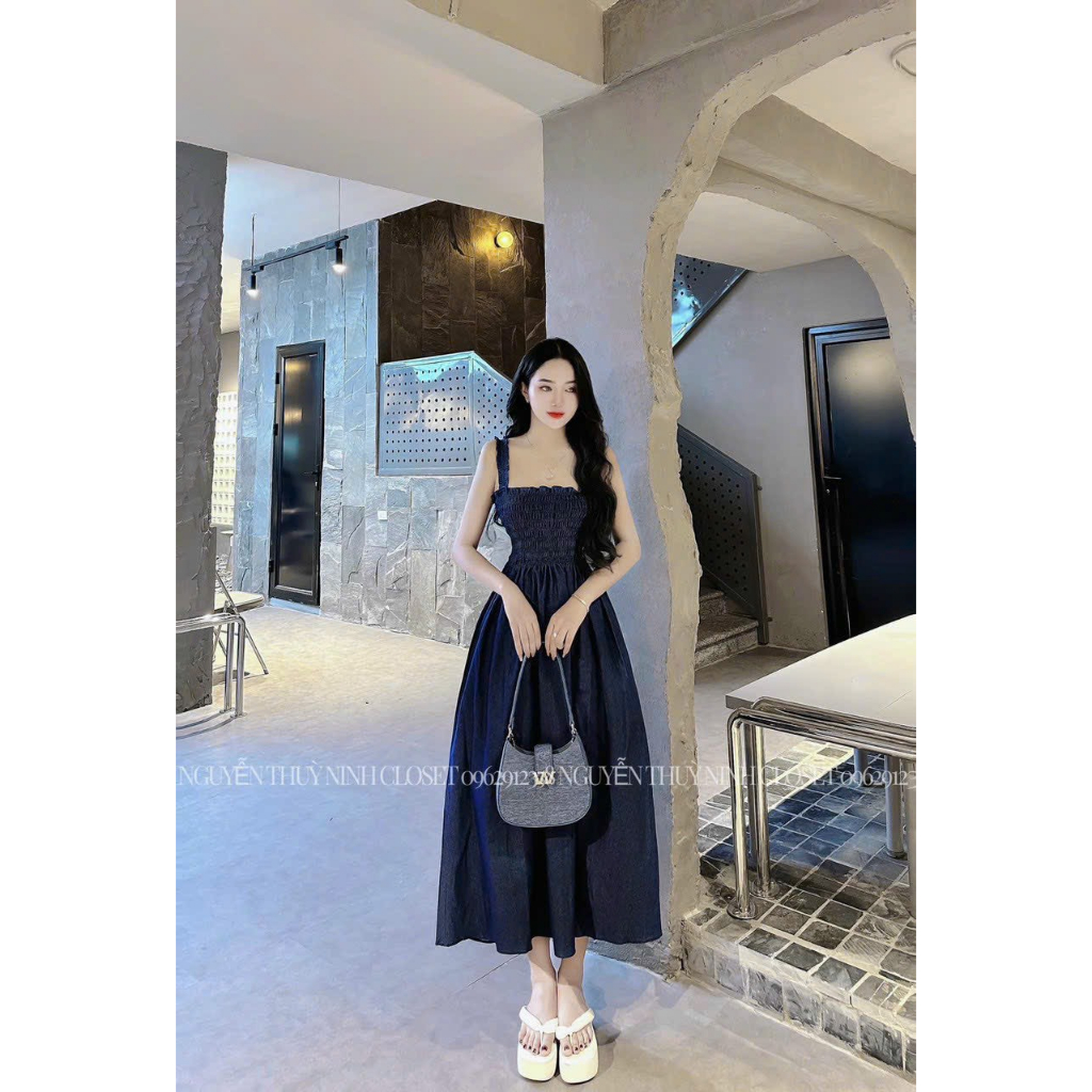 Váy Đầm Nữ 2 dây Bèo Cúp Ngực Chất Jean Cao Cấp Cực Xinh Xắn_Đầm Jean Nhún Ngực Dáng Dài Nữ Tính 2 màu