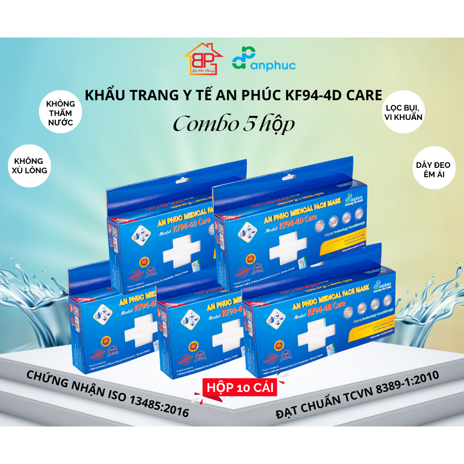 Khẩu trang Y Tế An Phúc KF94 Hộp- Combo 5 hộp, 4 lớp, kháng khuẩn, nhiều màu, hộp 10 Cái