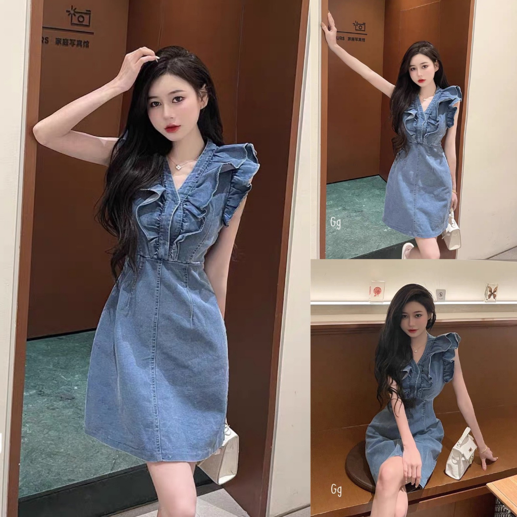 Đầm váy nữ jeans cổ chữ V phối bèo cánh dơi với tone màu xanh tôn da xinh xắn dành cho các nàng teen