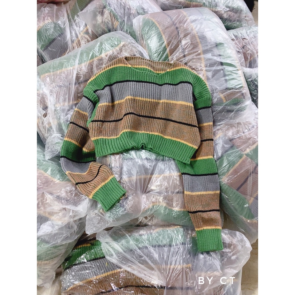 Áo len nữ Montoghi dệt kim cổ tròn TAY DÀI dáng CROPTOP kẻ sọc xanh phong cách Hàn Quốc cá tính - SCXA194