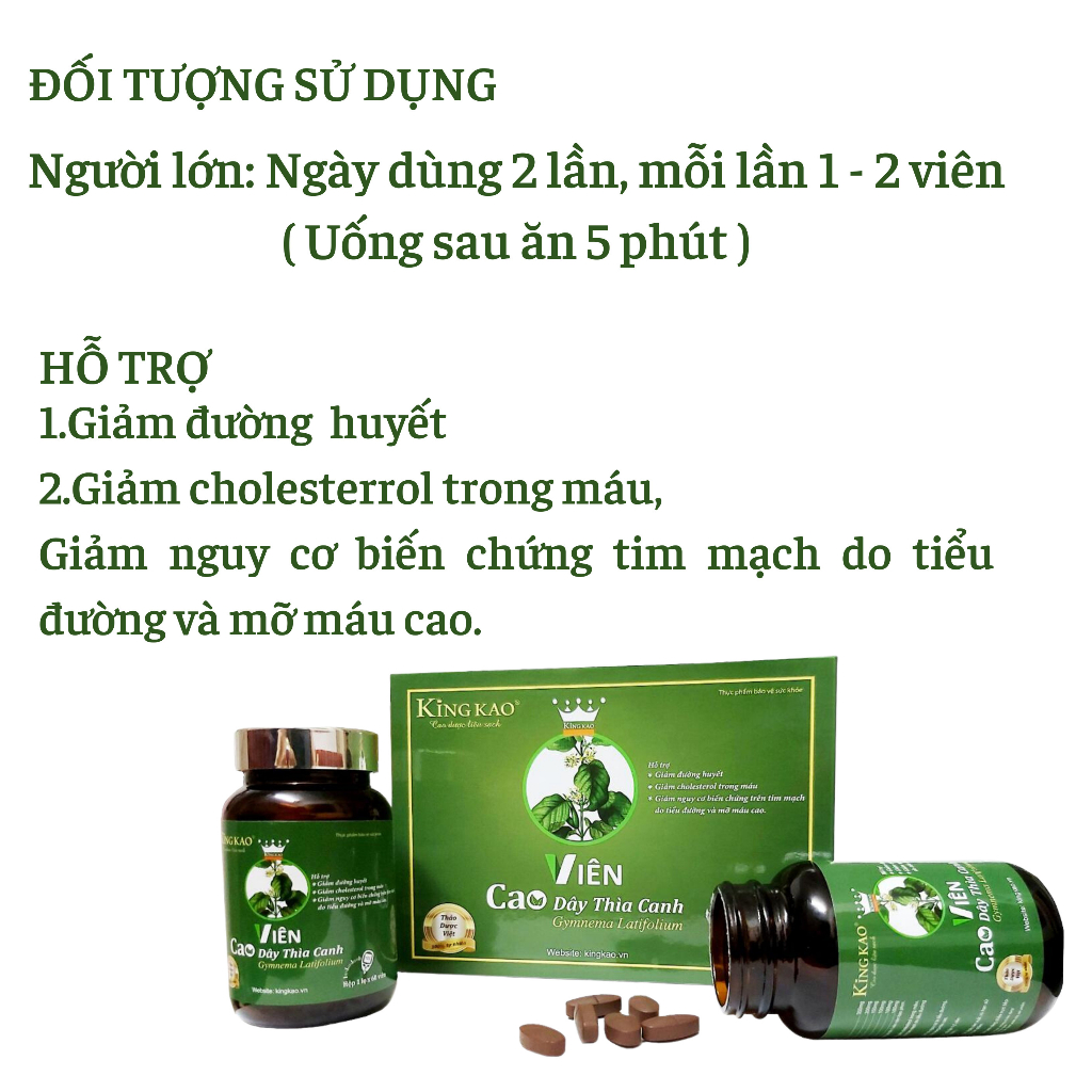 Dây thìa canh Lá To Kingkao viên nén cao cấp hỗ trợ hạ tiểu đường ngăn biến chứng giảm huyết áp mỡ máu men gan cao
