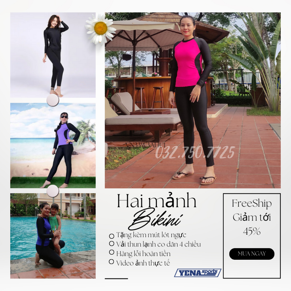 Đồ bơi nữ kín đáo bikini 2 mảnh dài tay quần dài màu đen đi bơi đồ bơi học sinh DBN005