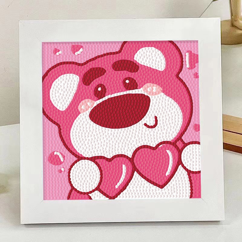 Tranh Đính Đá Gấu Dâu, Tranh Gắn Đá Mini 5D Tự Hoàn Thành Theo Yêu Cầu Có Khung, Tăng Khả Năng Tập Trung Cho Bé