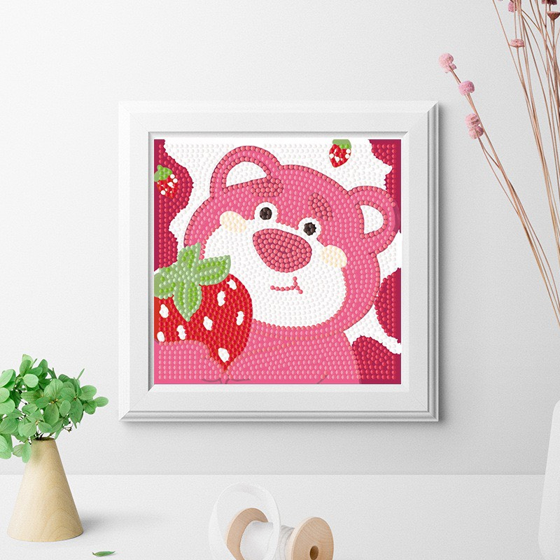 Tranh Đính Đá Gấu Dâu, Tranh Gắn Đá Mini 5D Tự Hoàn Thành Theo Yêu Cầu Có Khung, Tăng Khả Năng Tập Trung Cho Bé