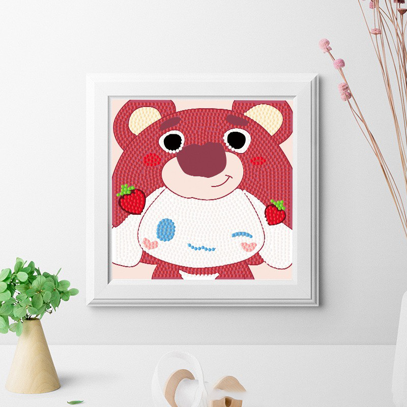 Tranh Đính Đá Gấu Dâu, Tranh Gắn Đá Mini 5D Tự Hoàn Thành Theo Yêu Cầu Có Khung, Tăng Khả Năng Tập Trung Cho Bé