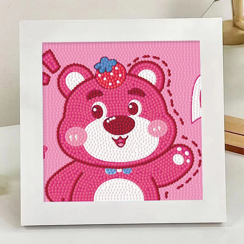 Tranh Đính Đá Gấu Dâu, Tranh Gắn Đá Mini 5D Tự Hoàn Thành Theo Yêu Cầu Có Khung, Tăng Khả Năng Tập Trung Cho Bé