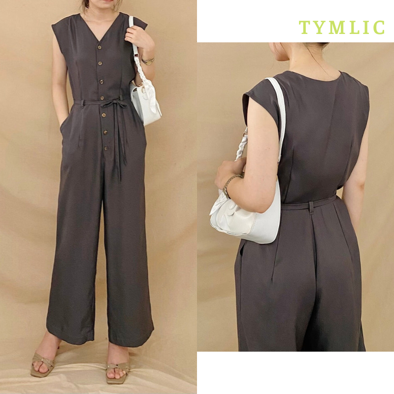 Jumpsuit Sát Nách Cổ V Quần Ống Rộng Màu Xám Đậm TYMLIC