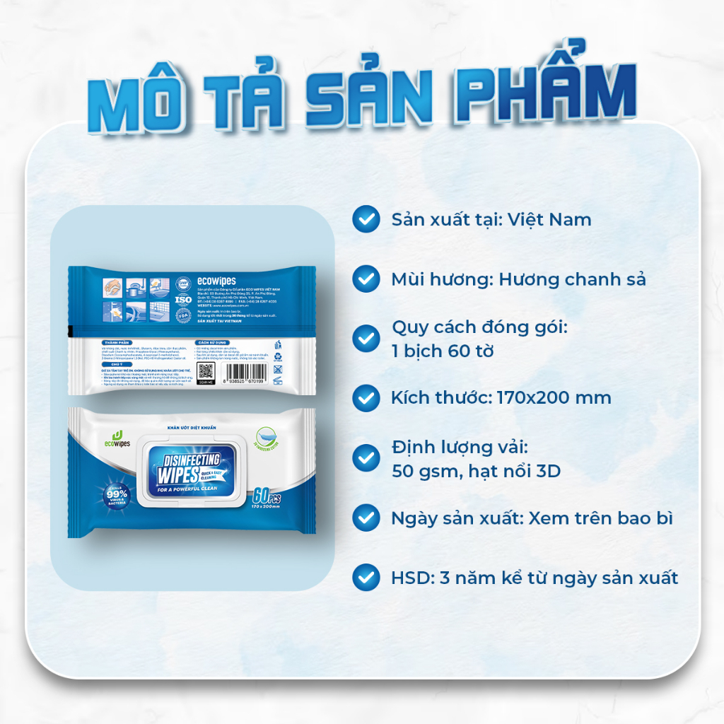 Khăn ướt diệt khuẩn Disinfecting Wipes hương chanh gói 60 tờ diệt 99