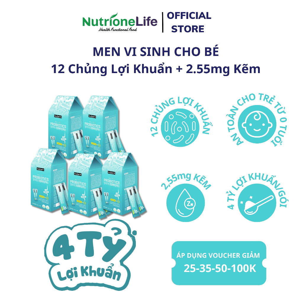 COMBO 5 Hộp Men Vi sinh Alive Probiotics 12 Chủng Lợi Khuẩn Và Kẽm Tiêu Hóa Khỏe, Cải Thiện Biếng Ăn 2g/Gói