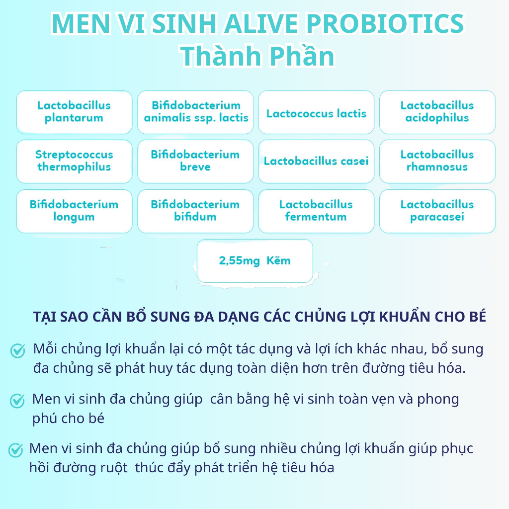 COMBO 5 Hộp Men Vi sinh Alive Probiotics 12 Chủng Lợi Khuẩn Và Kẽm Tiêu Hóa Khỏe, Cải Thiện Biếng Ăn 2g/Gói