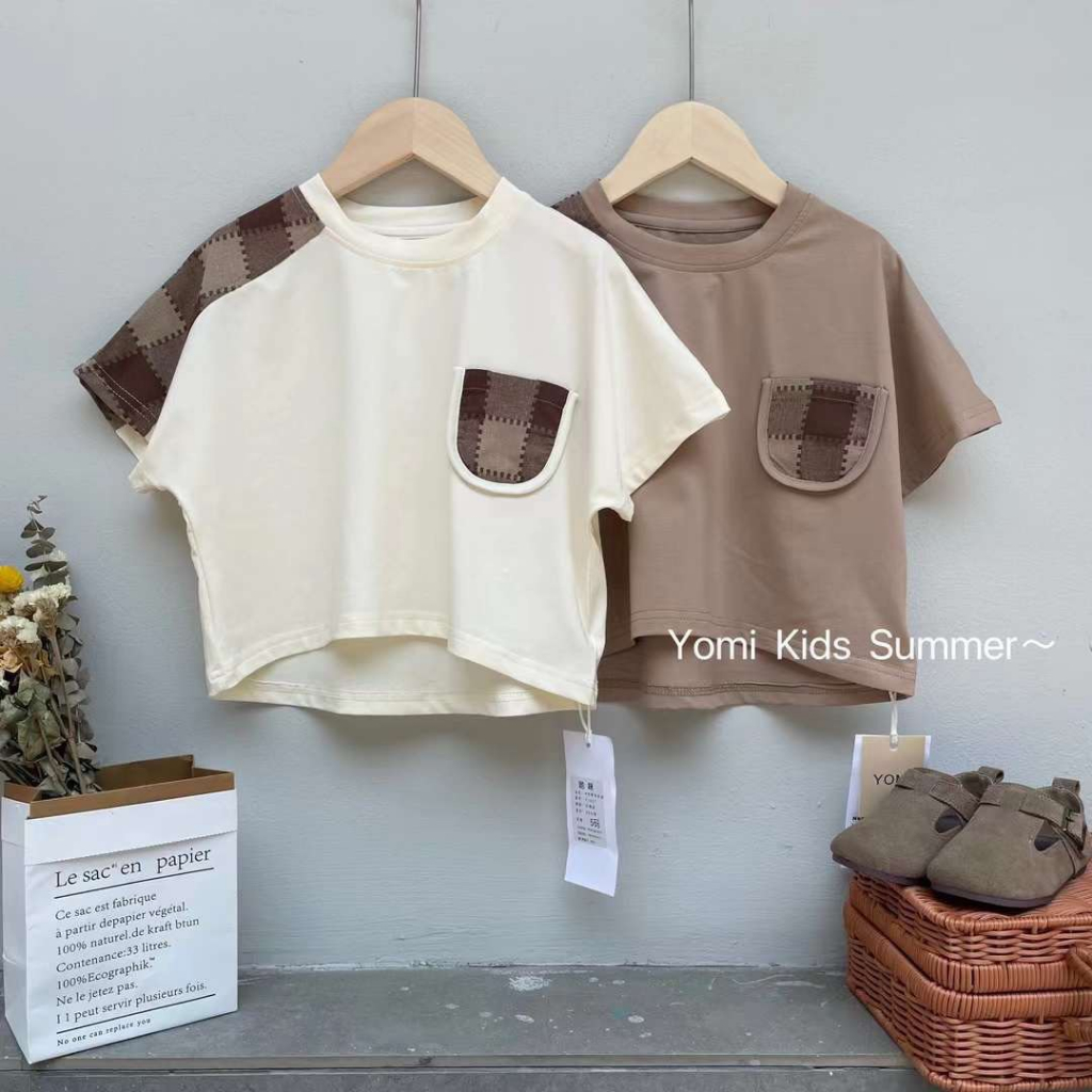 Áo Phông Cotton Tay Ngắn Phối Caro Phong Cách Hàn Quốc Cho Bé Trai Hàng Quảng Châu Cao Cấp