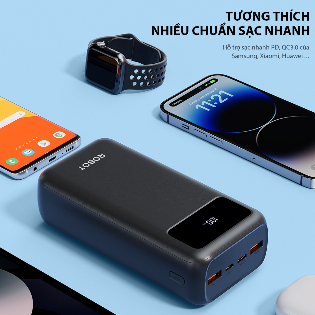 Pin Sạc Dự Phòng 30.000mAh ROBOT RT30 RT32 Sạc Nhanh PD/QC 3.0 Công Suất 22.5W 3 Cổng Sạc Ra