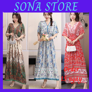 Váy bigsize cho mẹ đầm trung niên maxi dáng dài đi biển du lịch cổ v eo chun vải lanh mát hàng quảng châu cao cấp P3
