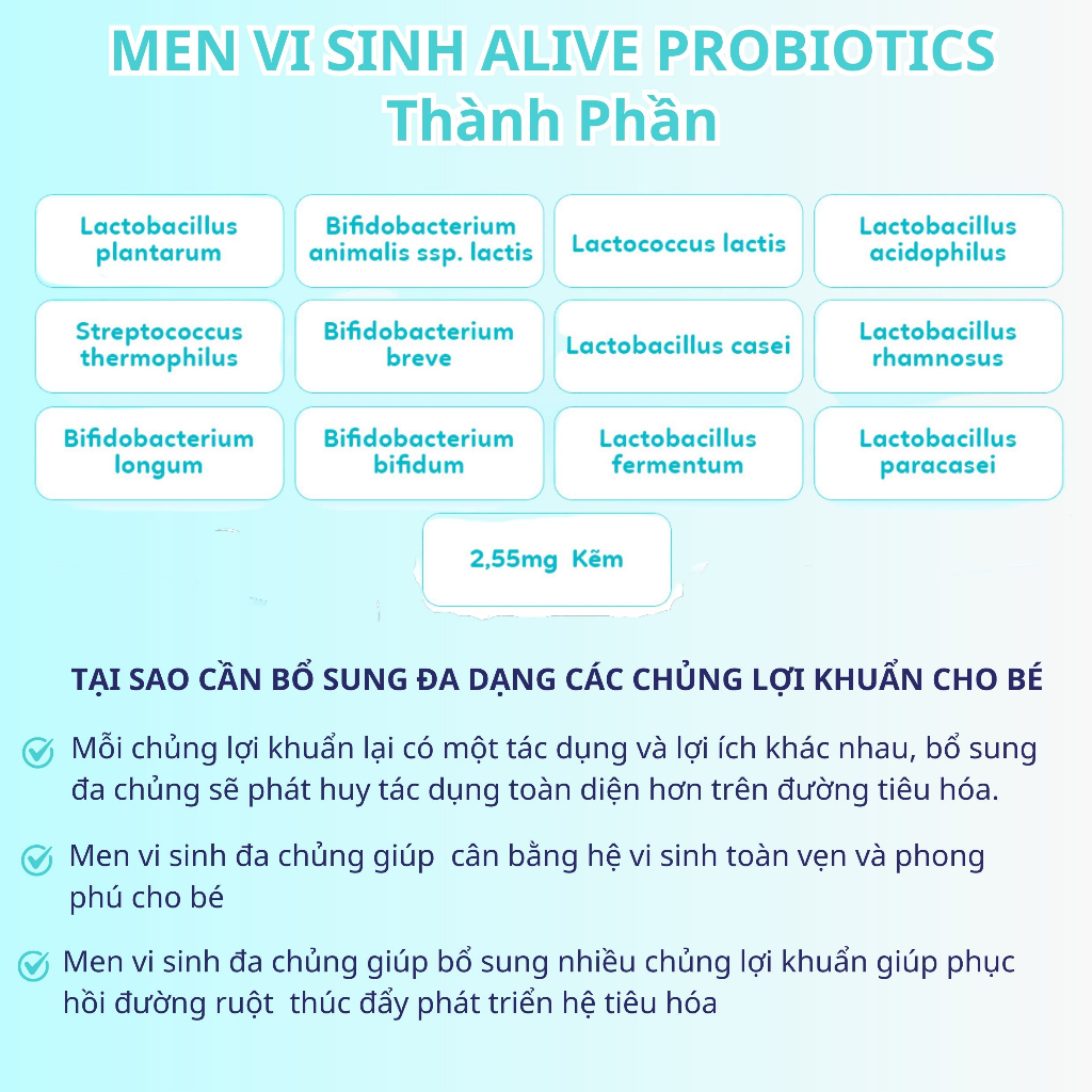 COMBO 3 Hộp Men Vi Sinh Alive Probiotics 12 Chủng Lợi Khuẩn Và Kẽm Giúp Tiêu Hóa Khỏe, Tăng Hấp Thu 2g/Gói