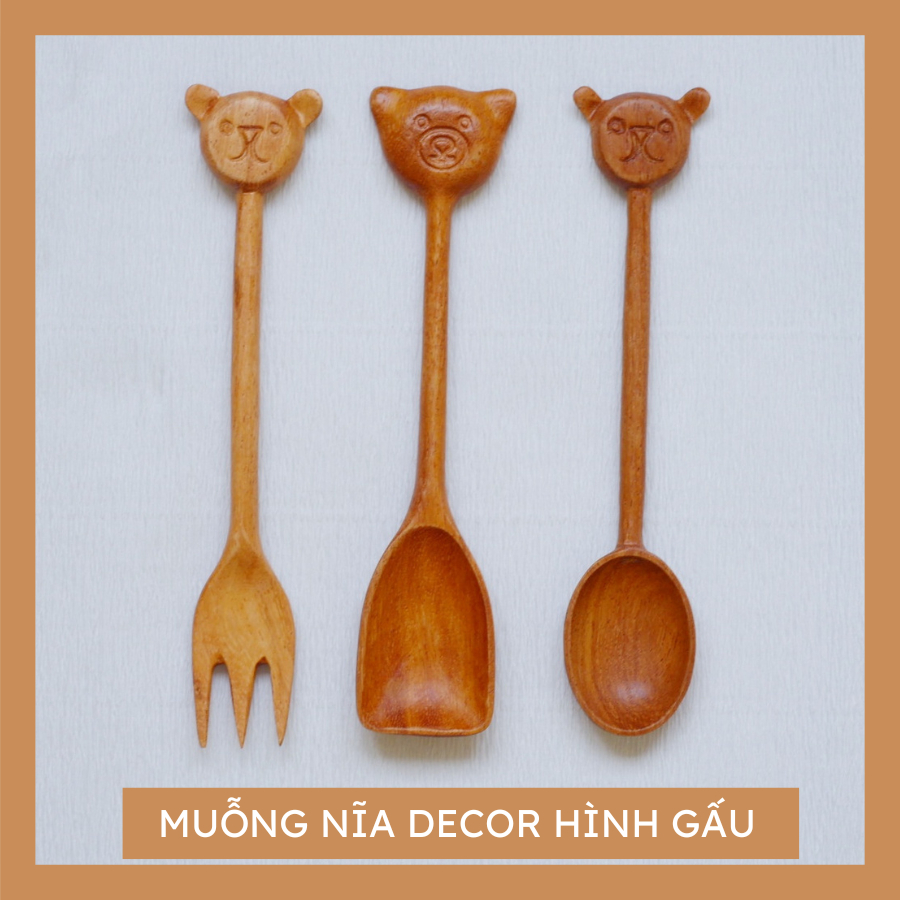 Muỗng Gỗ Hình Gấu Decor - Nĩa Xẻng Gâu Trang Trí - Ăn Dặm Gỗ Gõ Đỏ