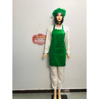 Tạp dề+nón lưới bếp có vành màu xanh két thực phẩm, thủy sản, phục vụ
