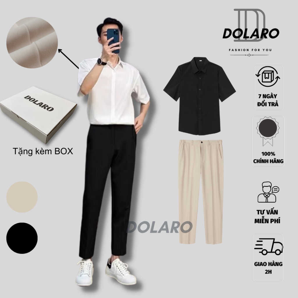 [ FULL BOX] Set Quần kaki nam đi học DOLARO bản lưng cúc kèm áo sơ mi tay ngắn DOLARO fome rộng chất mềm thoáng mát