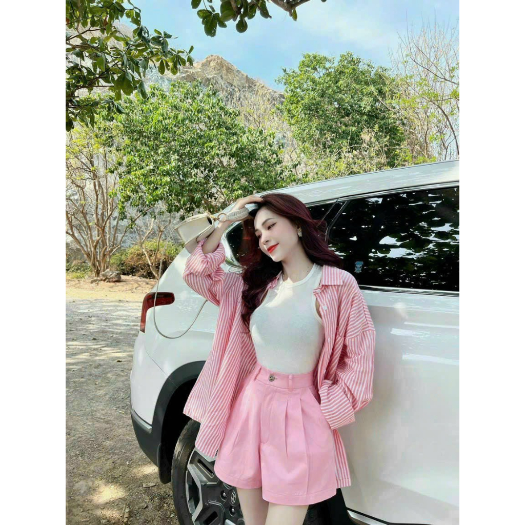 Set 3 món đi biển màu Hồng pastel xinh,áo sơ mi tay dài kẻ sọc + áo 3 lỗ chất thun gân kè quần for, sét 3 món cá tính