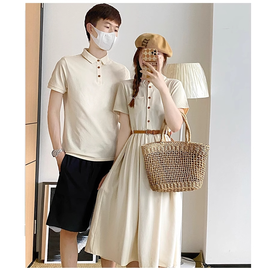 ODER. SET ĐỒ ĐÔI TÌNH NHÂN COUPLE ÁO THUN NAM CỔ POLO VÀ VÁY KIỂU NỮ MÀU TRẮNG SỮA.
