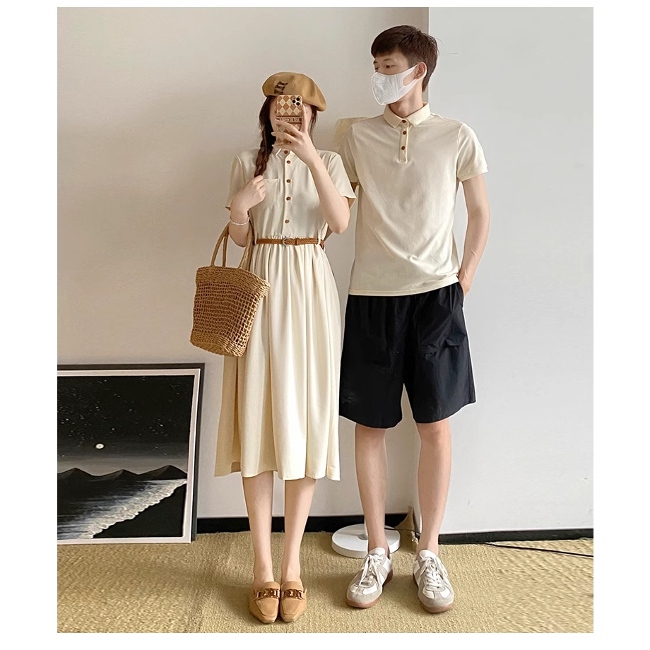 ODER. SET ĐỒ ĐÔI TÌNH NHÂN COUPLE ÁO THUN NAM CỔ POLO VÀ VÁY KIỂU NỮ MÀU TRẮNG SỮA.