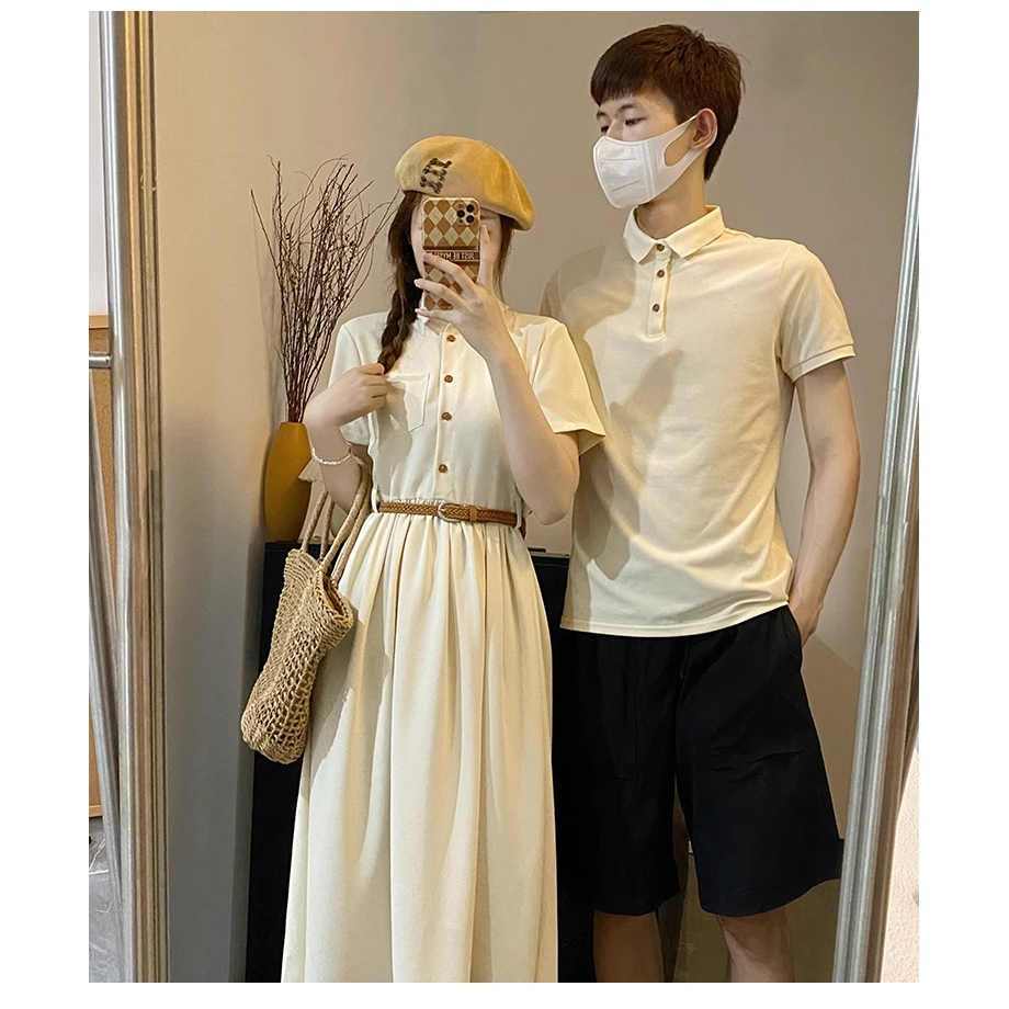 ODER. SET ĐỒ ĐÔI TÌNH NHÂN COUPLE ÁO THUN NAM CỔ POLO VÀ VÁY KIỂU NỮ MÀU TRẮNG SỮA.