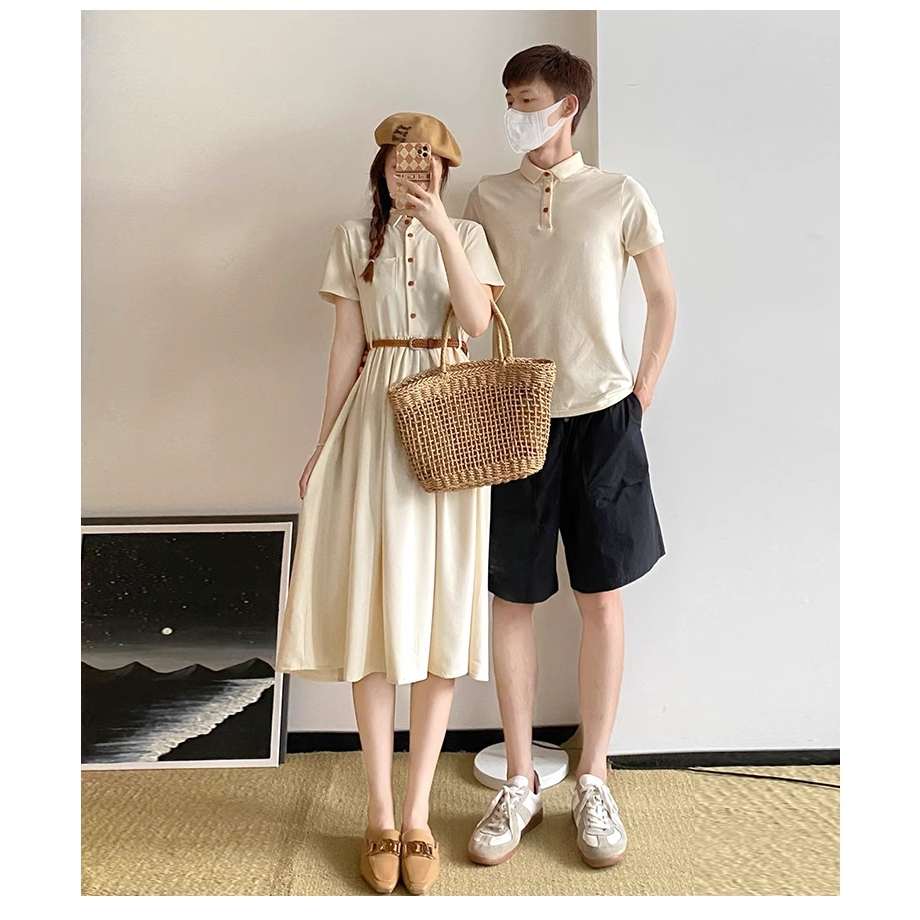 ODER. SET ĐỒ ĐÔI TÌNH NHÂN COUPLE ÁO THUN NAM CỔ POLO VÀ VÁY KIỂU NỮ MÀU TRẮNG SỮA.