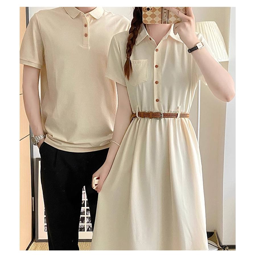 ODER. SET ĐỒ ĐÔI TÌNH NHÂN COUPLE ÁO THUN NAM CỔ POLO VÀ VÁY KIỂU NỮ MÀU TRẮNG SỮA.