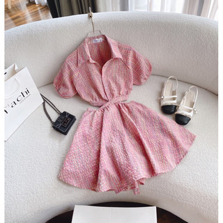 SP019995 ĐẦM CARO CỔ SƠ MI CUTOUT LƯNG