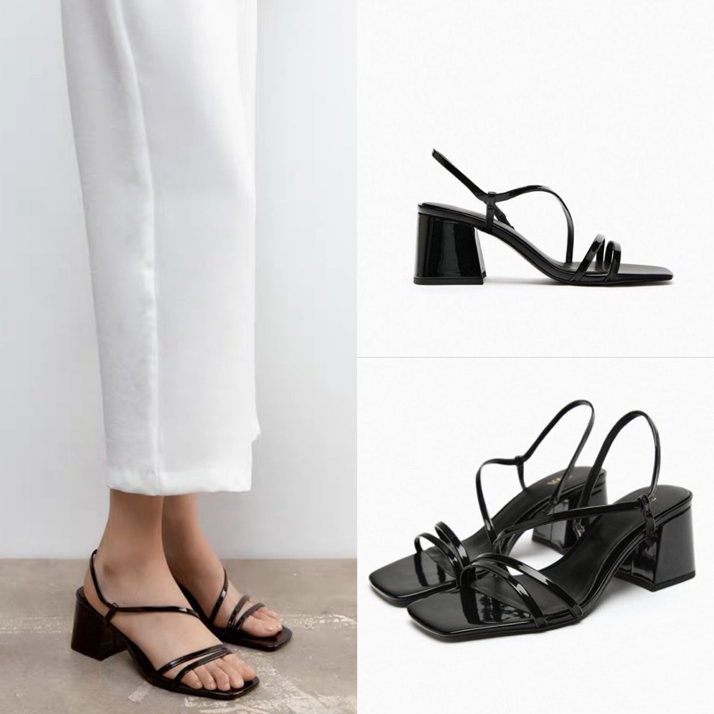 Sandal đen basic quai mảnh đế vuông Za.ra (kèm ảnh thật)