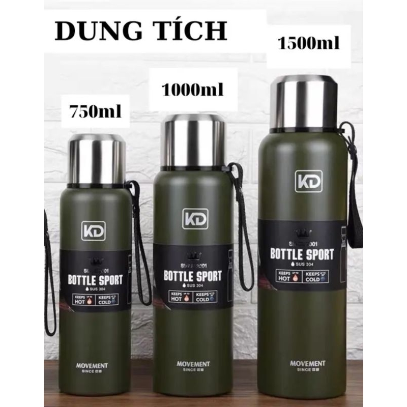 Bình giữ nhiệt KD-852 inox 304 nắp đậy hình cốc uống dung tích 750ml/1000ml/1500ml
