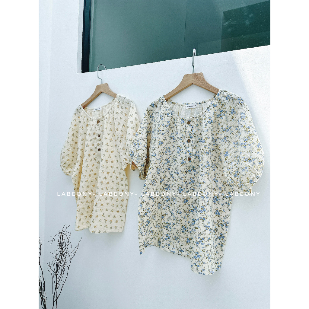 Đồ bộ nữ mặc nhà Pyjama cổ tròn đính cúc ngắn dài muslin Hàn Labeony