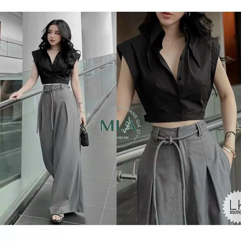 (Video thật) Áo Sơ Mi Croptop Sát Nách Cổ Bẻ