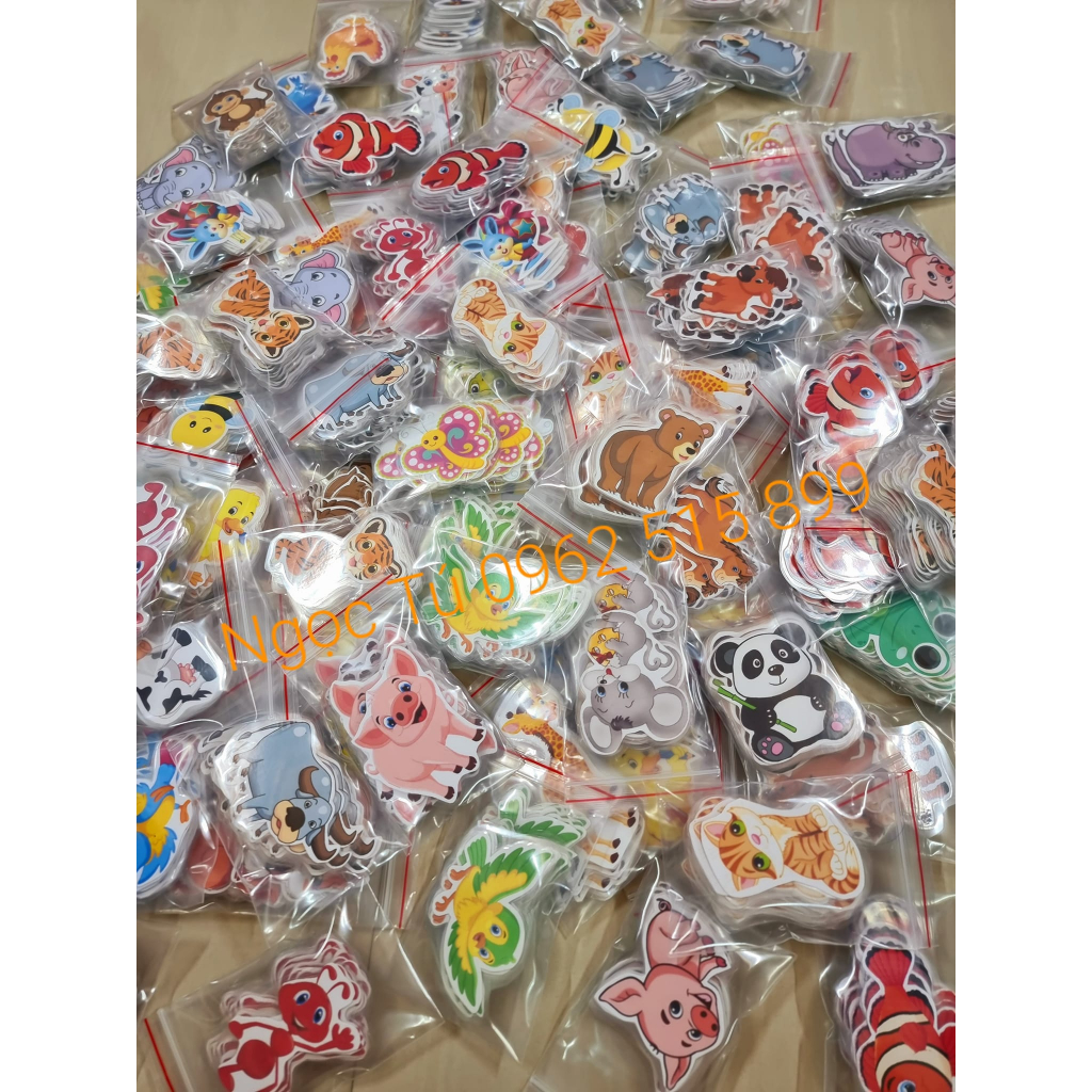 Sét Hình minh họa con vật, đồ vật, hoa quả KT: 6-7cm. In + Ép + Nam châm