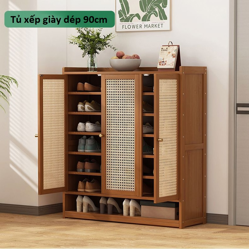 Tủ giày dép gỗ tre cửa mây phong cách tân cổ điển, Giá để dày dép nhiều tầng phong cách hiện đại chống mối mọt cao cấp