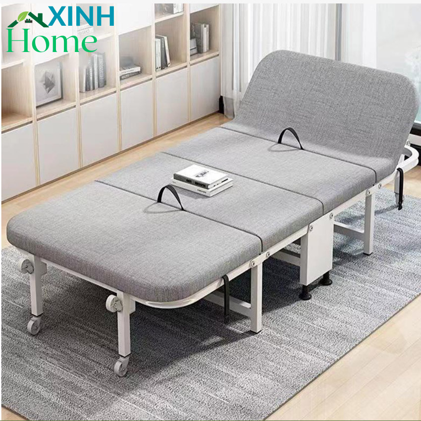 Giường gấp văn phòng khung thép có bánh xe di chuyển chắc chắn 80x190cm, Giường văn phòng gấp gọn vải nỉ thô cao cấp