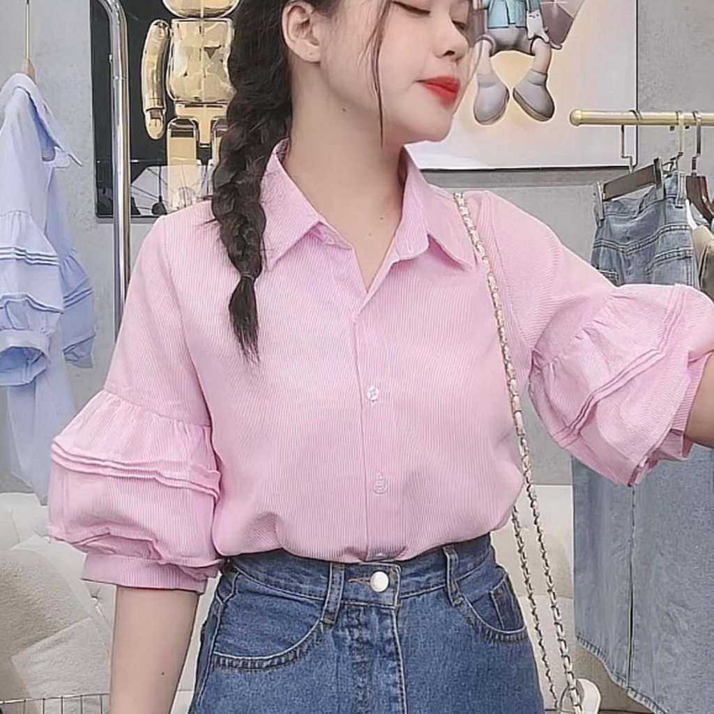 Áo Sơ Mi Tay Lửng Lamo Design Áo SoMi Thiết Kế Tay Bí Xếp Ly xinh xắn Chất liệu sọc cotton mềm thoáng mát B1046