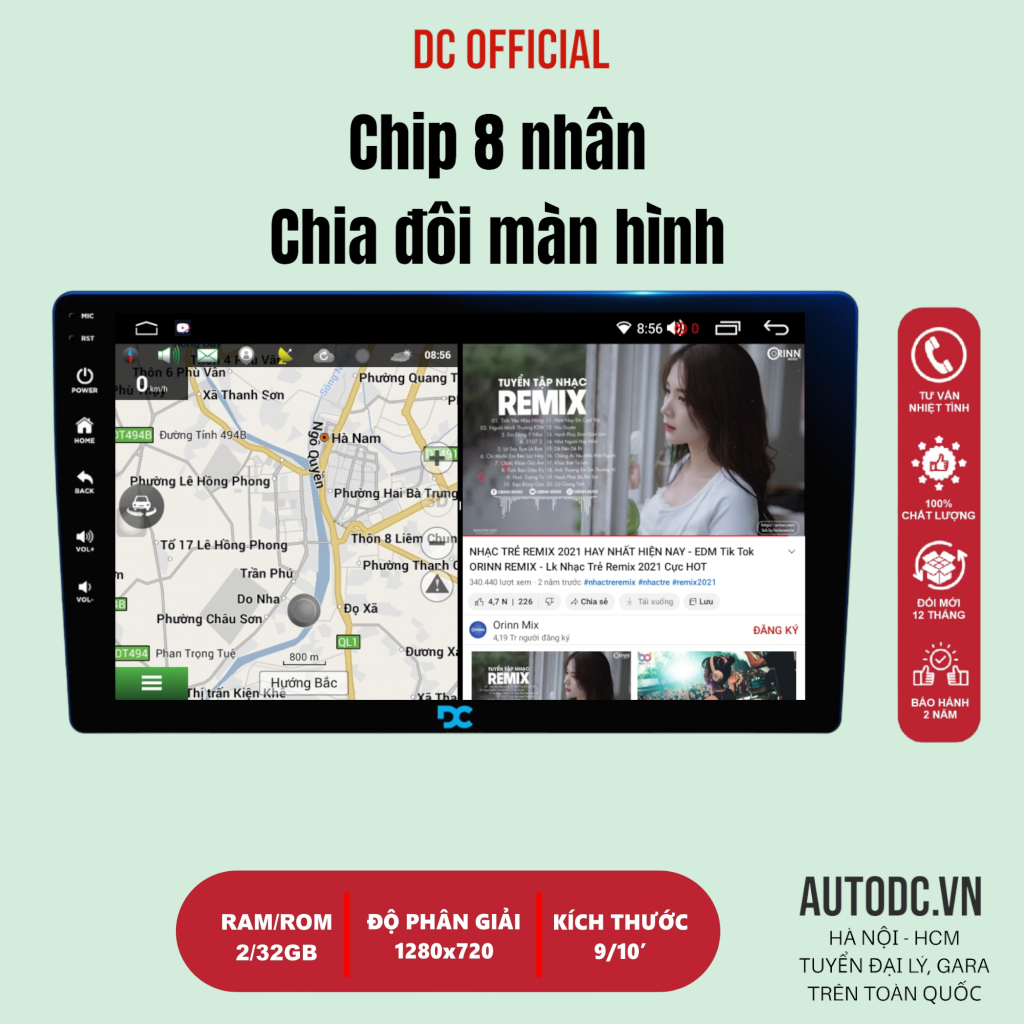 Màn hình android Ô TÔ DC M1 Ram 2GB, Rom 32GB chip 8 BẢO HÀNH 2 NĂM