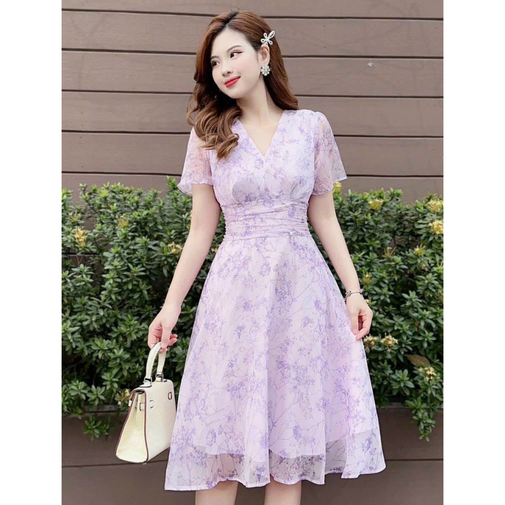Đầm xòe voan hoa tay ngắn cổ tim đính cườm màu đầm tím trẻ trung kiểu đầm dự tiệc dạo phố thời trang nữ VALKYRIE